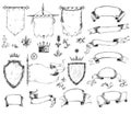 Vector hand drawn collection of heraldic templates: shield, flag