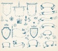 Vector hand drawn collection of heraldic templates: shield, flag