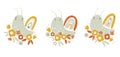 Vector hand-drawn color childish simple set with cute snails and flowers in Scandinavian style on a white background