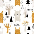 Vector hand-drawn color childrens seamless repeating pattern with cute bears, fox, raccoon, trees on a white background Royalty Free Stock Photo