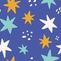 Vector hand-drawn color seamless childish simple pattern for kids with cute star. Baby pattern with night sky. Fabric