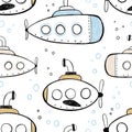 Vector hand-drawn color seamless repeating childish simple pattern with cute submarines in Scandinavian style on a white