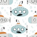 Vector hand-drawn color seamless repeating childish simple pattern with cute submarines in Scandinavian style on a white Royalty Free Stock Photo