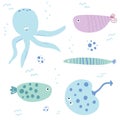 Vector hand drawn colored childish fishes and octopus in scandinavian style on a white background. Cute baby animals. Pattern for Royalty Free Stock Photo