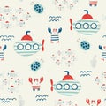 Vector hand drawn colored childish seamless repeat simple flat pattern with crabs and submarines in scandinavian style Royalty Free Stock Photo