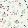 Vector hand drawn colored childish seamless repeat simple flat pattern with crabs and submarines in scandinavian style Royalty Free Stock Photo