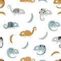Vector hand-drawn colored childish seamless repeating simple flat pattern with chameleons and bananas in scandinavian