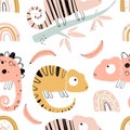 Vector hand-drawn colored childish seamless repeating simple flat pattern with chameleons in scandinavian style on a Royalty Free Stock Photo