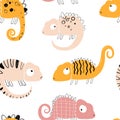 Vector hand-drawn colored childish seamless repeating simple flat pattern with chameleons in scandinavian style on a Royalty Free Stock Photo