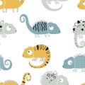 Vector hand-drawn colored childish seamless repeating simple flat pattern with chameleons in scandinavian style on a white Royalty Free Stock Photo