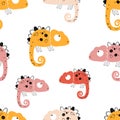 Vector hand-drawn colored childish seamless repeating simple flat pattern with chameleons in scandinavian style on a Royalty Free Stock Photo