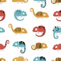 Vector hand-drawn colored childish seamless repeating simple flat pattern with chameleons in scandinavian style on a Royalty Free Stock Photo