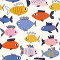 Vector hand-drawn colored childish seamless repeating simple flat pattern with fishes in scandinavian style on a white Royalty Free Stock Photo