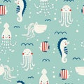 Vector hand drawn colored childish seamless repeating simple flat pattern with seahorses, fishes and octopuses in Royalty Free Stock Photo