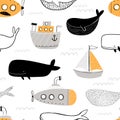 Vector hand-drawn colored childish seamless repeating simple flat pattern with whales and boats in scandinavian style on Royalty Free Stock Photo