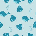 Vector hand-drawn colored childish seamless repeating simple flat pattern with whales and rainbow in scandinavian style Royalty Free Stock Photo