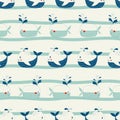 Vector hand drawn colored childish seamless repeating simple flat pattern with whales in scandinavian style. Cute baby Royalty Free Stock Photo