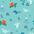 Vector hand-drawn colored childish seamless repeating simple flat pattern with whales in scandinavian style on a white Royalty Free Stock Photo