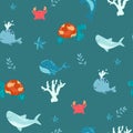 Vector hand-drawn colored childish seamless repeating simple flat pattern with whales in scandinavian style on a white Royalty Free Stock Photo