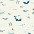 Vector hand drawn colored childish seamless repeating simple flat pattern with whales and starfish in scandinavian style Royalty Free Stock Photo