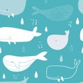 Vector hand-drawn colored childish seamless repeating simple doodle pattern with whales in scandinavian style on a blue Royalty Free Stock Photo