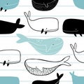 Vector hand-drawn colored childish seamless repeating simple doodle pattern with whales in scandinavian style on a Royalty Free Stock Photo