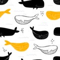 Vector hand-drawn colored childish seamless repeating simple doodle pattern with whales in scandinavian style on a white Royalty Free Stock Photo