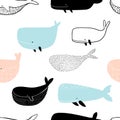 Vector hand-drawn colored childish seamless repeating simple doodle pattern with whales in scandinavian style on a white Royalty Free Stock Photo