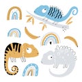 Vector hand-drawn colored childish set with chameleons in scandinavian style on a white background. Cute baby animals