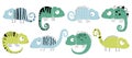 Vector hand-drawn colored childish set with chameleons in scandinavian style on a white background. Cute baby animals