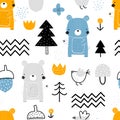Vector hand-drawn colored childrens seamless repeating pattern with cute bears, trees, birds on a white background Royalty Free Stock Photo