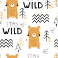 Vector hand-drawn colored childrens seamless repeating pattern with cute bears, trees, lettering on a white background Royalty Free Stock Photo