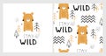 Vector hand-drawn colored childrens seamless repeating pattern with cute bears, trees, lettering on a white background Royalty Free Stock Photo