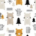 Vector hand-drawn colored childrens seamless repeating pattern with cute bears, trees on a white background. Creative Royalty Free Stock Photo