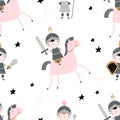 Vector hand-drawn colored childrens seamless repeating pattern with cute knights and stars on a white background