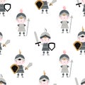 Vector hand-drawn colored childrens seamless repeating pattern with cute knights on a white background. Creative kids