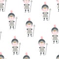 Vector hand-drawn colored childrens seamless repeating pattern with cute knights on a white background. Creative kids