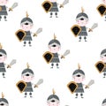 Vector hand-drawn colored childrens seamless repeating pattern with cute knights on a white background. Creative kids