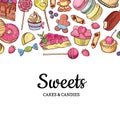 Vector hand drawn colored sweets shop or confectionary background