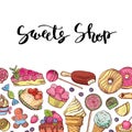 Vector hand drawn colored sweets shop or confectionary