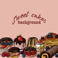 Vector hand drawn colored template banner with sweets cakes