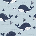 Vector hand drawn colorful childish seamless repeat simple flat pattern with whales and fishes on a blue background. Royalty Free Stock Photo