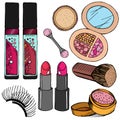 Vector Hand Drawn Colorful Cosmetic set: lip gloss, powder, lipstick, lip balm, false eyelashes, brush, sponge Royalty Free Stock Photo