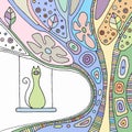 Vector hand drawn colorful illustration with decorative psychedelic tree with branch, leaves, flowers, dots and cat. Cute abstract