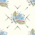 Vector hand drawn colorful seamless pattern, illustration of butterfly with decorative geometrical elements, lines, dots. Line Royalty Free Stock Photo