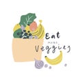 Vector hand drawn craft bag with fruits handwritten text eat more veggies