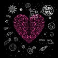 Vector hand drawn heart curls in space theme. Doodle Sweet home and around space universe.