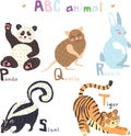 Vector hand drawn cute abc alphabet animal colorful scandinavian design, panda, quokka, rabbit,skunk, tiger