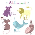 Vector hand drawn cute abc alphabet animal scandinavian colorful design,lion,mouse,narwha,owl