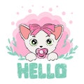 Vector hand drawn cute cat face saying Hello. Vector illustration with lettering on white background Royalty Free Stock Photo